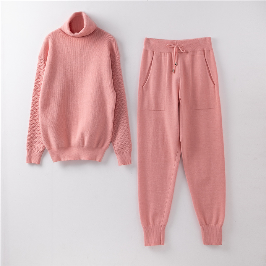 

2021 New Woman Sweater Suits Casual Knit Tracksuit Turtleneck Pullovers+pants Two Piece Sets Female Outfits C2ol, Pink