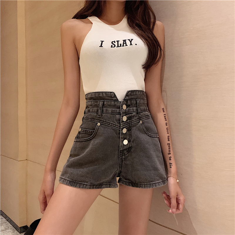 

New Spring Single Breasted Denim Casual Jeans High-waisted Black Female Buttons Bottoms Shorts Arwx