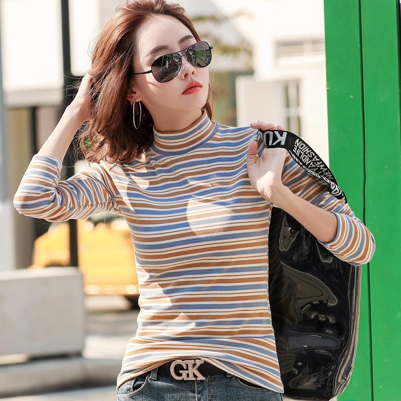 

New 95% Cotton T-Shirt Woman High Collar Long Sleeve T shirt Tops Sexy Slim Lnside Tshirt Fashion Vintage Bottoming Tees, A3