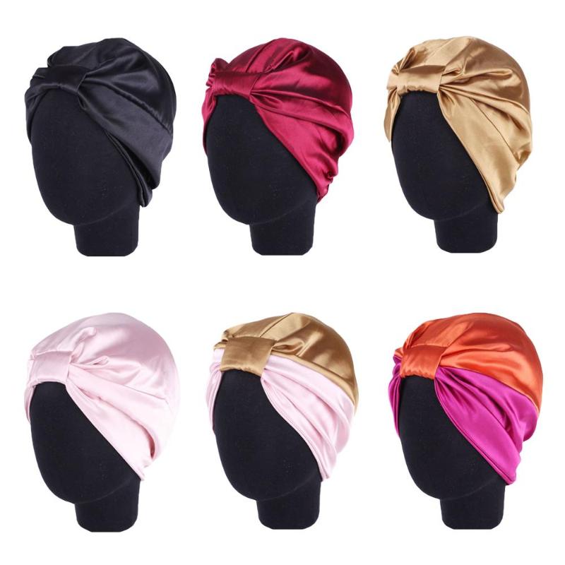 

Women Satin Cap Bonnet Hair Care Headwear Lady Turban Hat Muslim Hair Loss Hat Sleep Night Cap Soft Chemo Cancer Arb Beanies, Black
