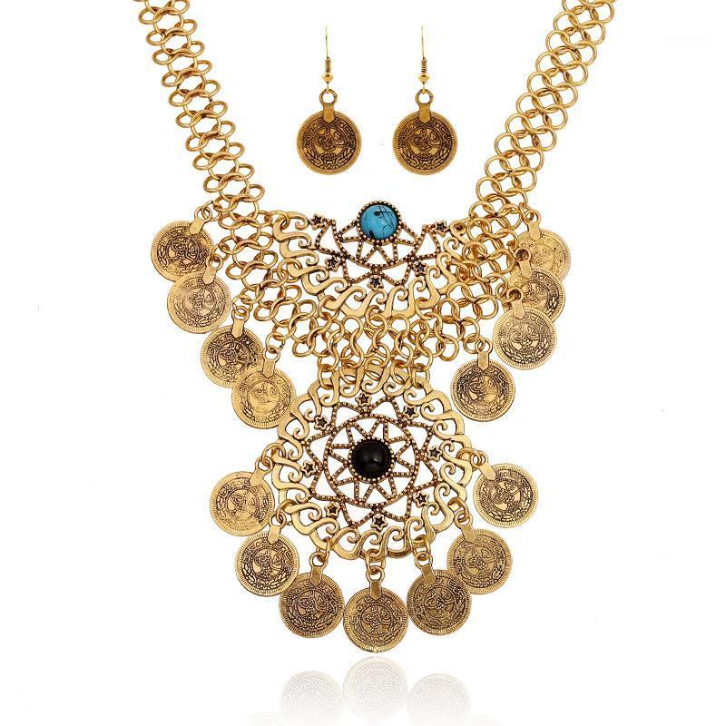 

LZHLQ Retro Coin Tassel Necklace Geometric Hollow Round Blue Stone Necklace Women Brand Wide Metal Chain Jewelry Accessories1