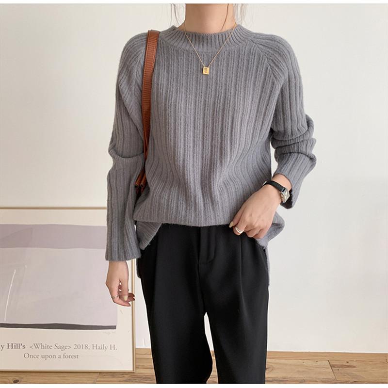 

2020 Autumn New Women Sweaters Female Knitted Tops Casual All Match Solid Concise Pullover O-neck Loose Elegant Office Lady, Gray