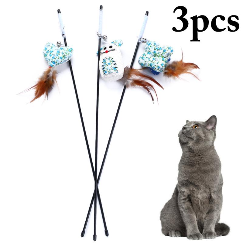 

3pcs Funny Pet Cat Teaser Multi Color Bird Feather Plush Cat Wand Catcher Teaser Stick Training Playing Interactive Toys