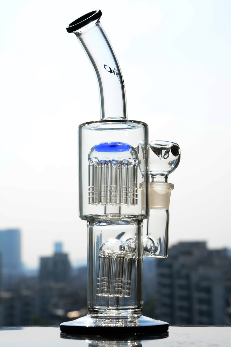 

thick glass water bongs hookahs Smoking oil burner pipe smoke accessories double arm tree perc recycler dab rigs with 18mm bowl piece