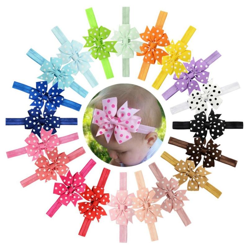 

20pcs/lot Ribbon Dot Bow Headbands Baby Girl flower Headband Solid Color Children Elastic Infant Kids Hairband