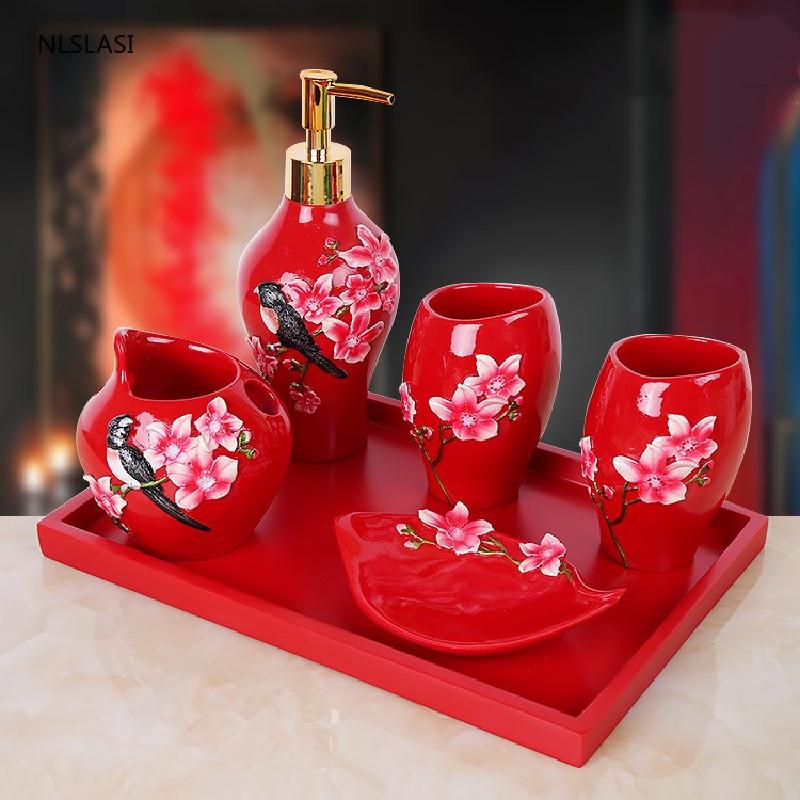 

European Rose Flower Bathroom Set Accessories Set Supplies Kit Soap Dish Mouth Cup Soap Bottle Toothbrush Holder Wedding Gift