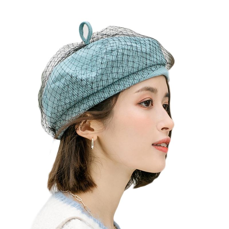 

Berets Women Vintage Solid Color Beret Cap With Mesh Veil Winter British Beanie Hat, 6ee800895-bl