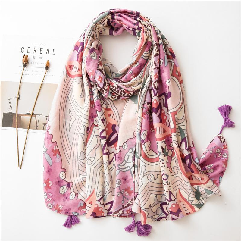 

2020 spring and autumn women's cotton and linen feel retro floral scarf shawl soft skin-friendly intellectual elegance