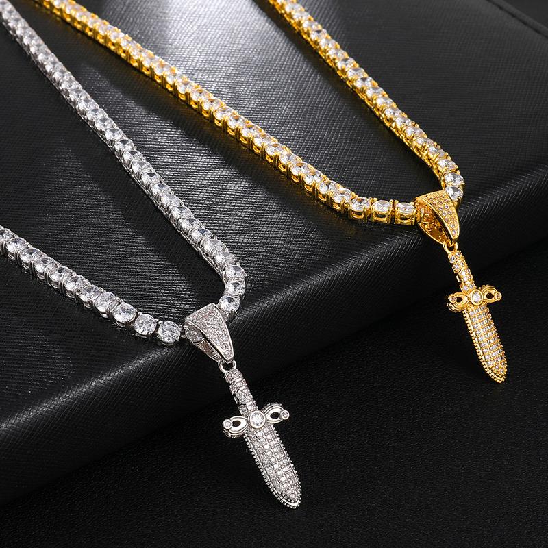 

US7 Bling Iced Out Knife Shape Pendant&Neckalces Micro Paved CZ Neckalce For Man Hip Hop Jewelry