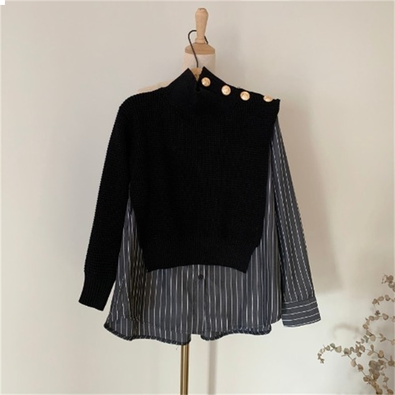 

Fancy 2021 New Mesh Design Faux Shirt Two Pieces High Female Turtleneck Top 0q18 P1A2, Blue stripe.