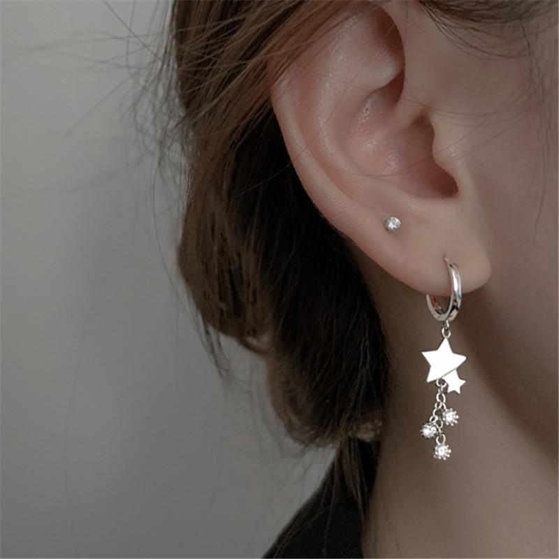 

925 Sterling Silver Tassel Crystal Star Stud Earrings For Women Girl Trendy Elegant Party Jewelry Prevent Allergy eh604