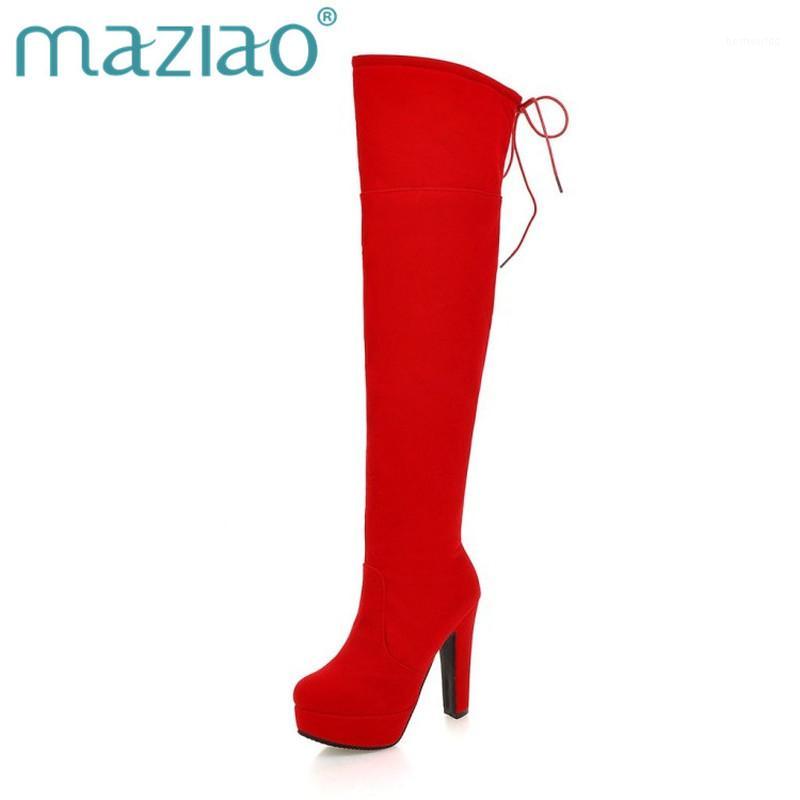 

MAZIAO Fashion Ladies Boots Black Red New Arrive Women Boots Simple Flock Zipper Lace Up Over The Knee Platform Super High1