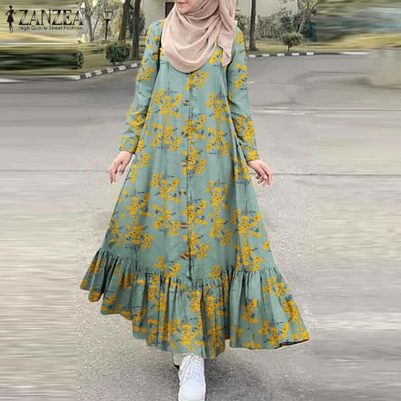 

2020 Women's Autumn Vintage Printed Floral Sundress ZANZEA Casual Ruffle Maxi Dress Female Robe Femme Dresses Plus Size Vestidos, B red