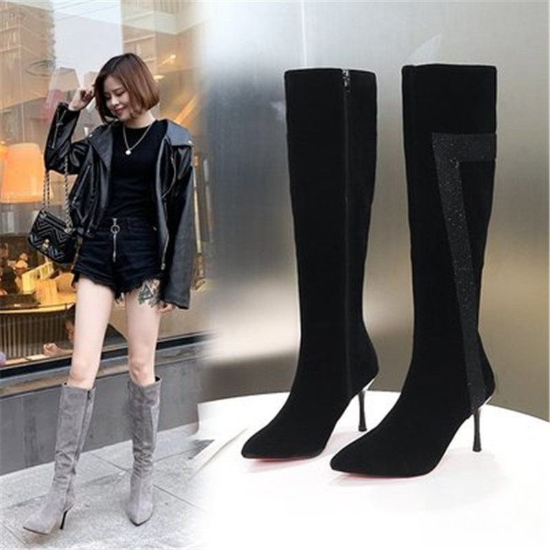 

New Women 2021 Sexy Toe Pointed Glass Knee Autumn Elastic Winter High Heels Party Shoes Woman Black Grey Boots X53M, Gray