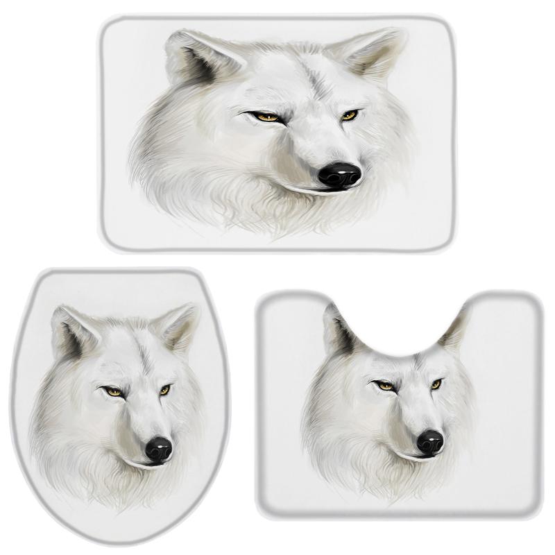 

Animal White Wolf Bathroom Set Toilet Cover Mat Pedestal Rug Non-Slip Bathroom Accessories Set Home Doormat