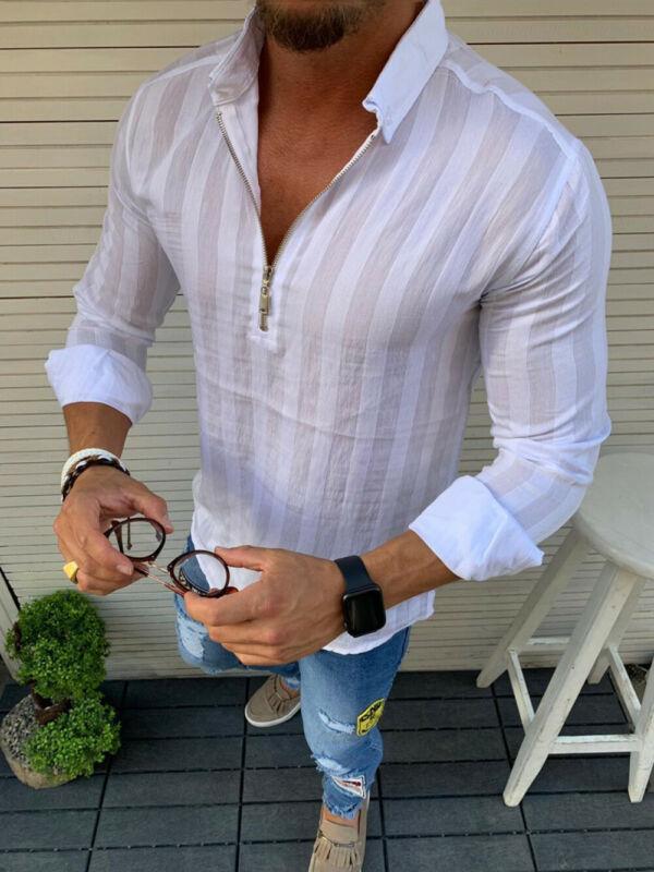 

Retro Mens Linen Blouse Zipper Stylish Casual Slim Fit Shirt Long Sleeve Muscle Solid Color Comfortable Tops Plus Size -XXL, Black