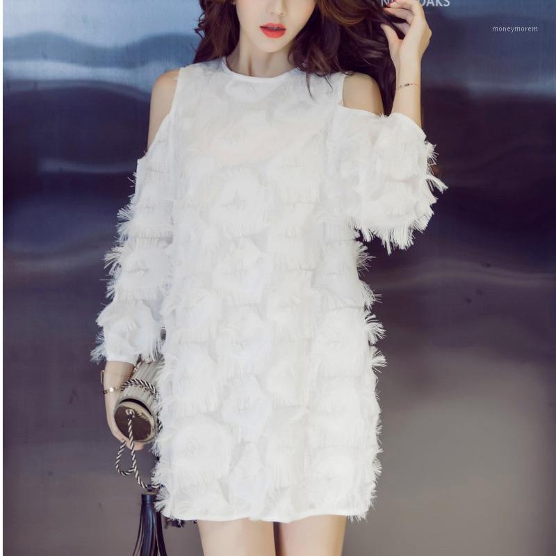 

EWQ] 2020 Summer New Sweet Three Quarter Sleeve Off Shoulder Dress Women Elegant Korea Loose White Sexy Tassel Dresses QX1691