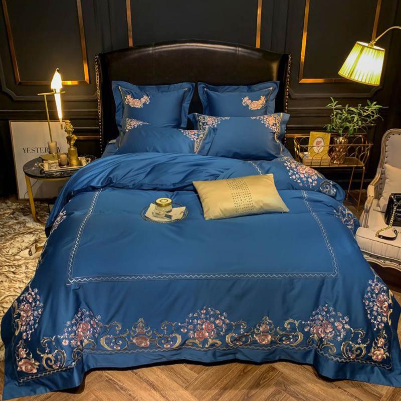 

Svetanya Dark Blue Flowers Golden Egyptian Cotton Bedding Set Embroidery Queen King Size Duvet Cover Fitted Sheet Pillow Shams, 20205017
