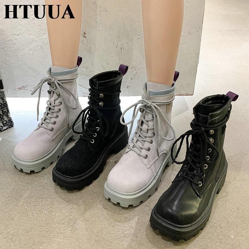 

HTUUA 2020 New Women's Short Boot Fashion Chunky Platform Ankle Boots Women Autumn Winter Shoes Female Boots SX42081, Grey