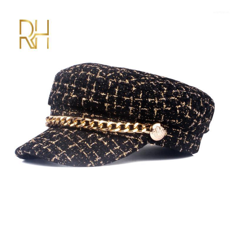 

Tweed Design Golden Chain Decoration Army Caps Women Newsboy Cap Elegant Thick Plaid Salior Octogonal Hat1, White