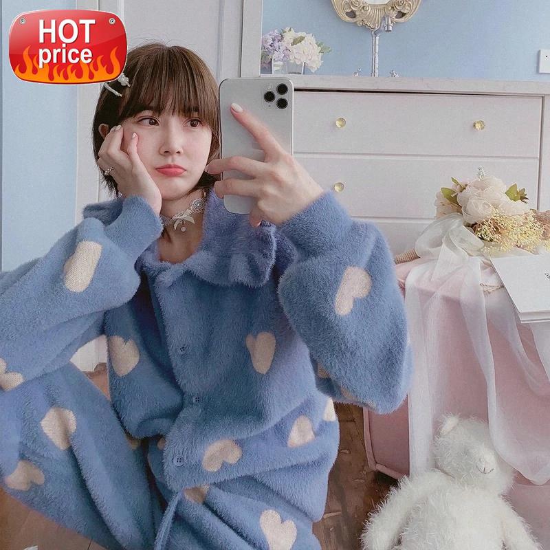 

Sweet Lolita Cute Soft Pajama Two Piece Set Casual Autumn Winter Nightwear for Women Girls Lounge Wear Pj Sets Pink Blue White #IM4n, Black;white
