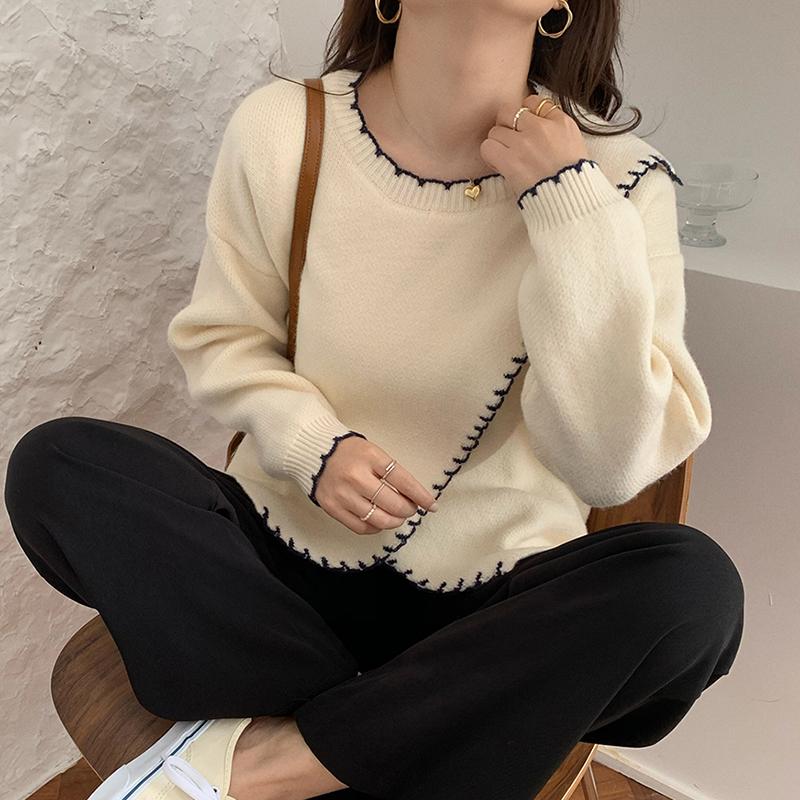 

Elegant Chic Sweater Women O-neck Contrast Loose Split Long Sleeve Pullover Office Lady Fashion Knitwear Tender Casual, Orange