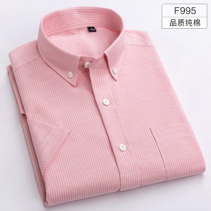 

Hot Sell Summer 100% Cotton Pure Color Blue Red Striped Twill Oxford Formal Casual Short Sleeve Shirt Men Middle-aged Brand, F972