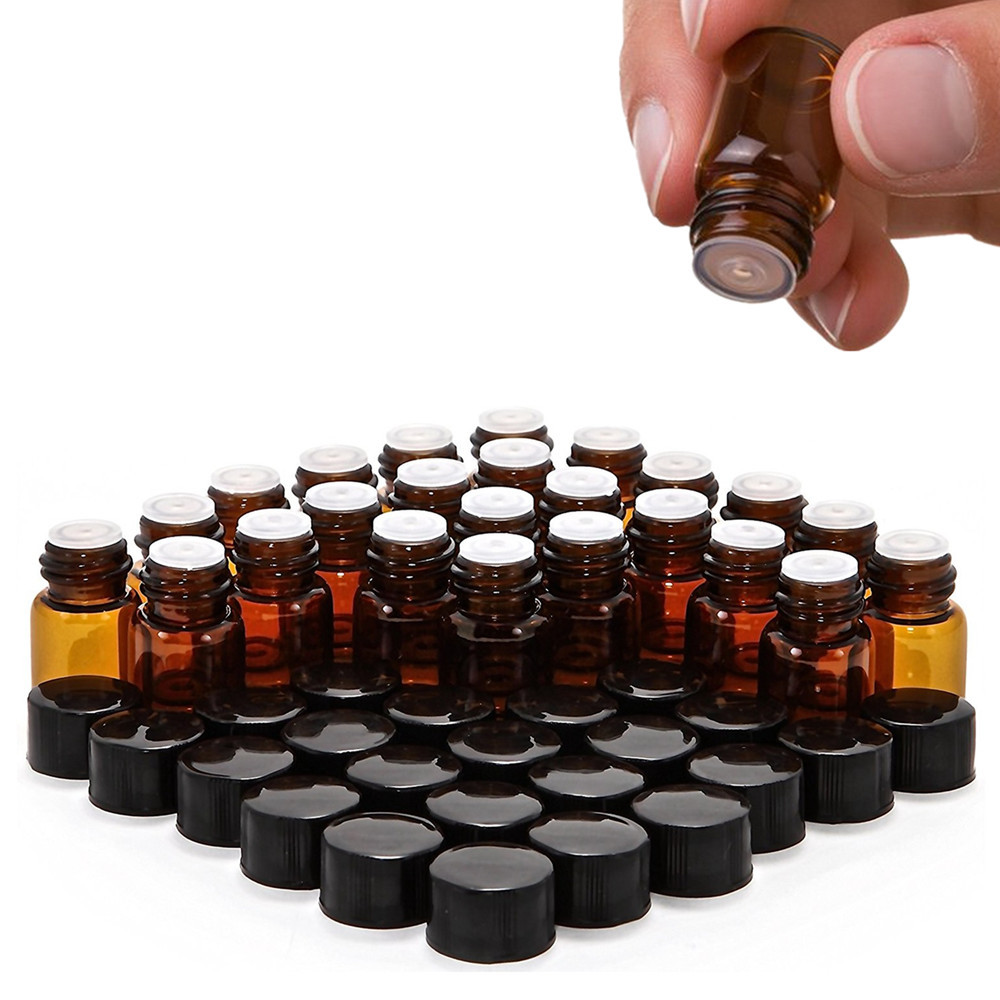 

24pcs 2ml Essential Oil Sample Bottle Empty Amber Glass Mini Vials with Orifice Reducer Black Lids for doTERRA Young Living 201012