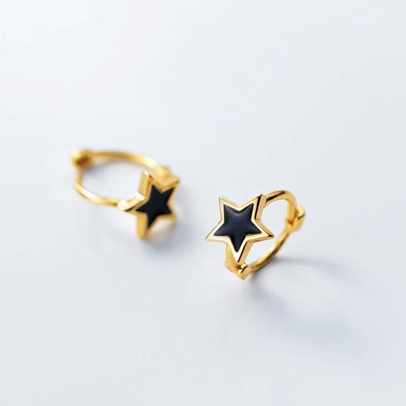 

100% 925 Real Sterling Silver Gold Color Black Star Stud Earrings For Women Girls Party Wear Jewelry G09441