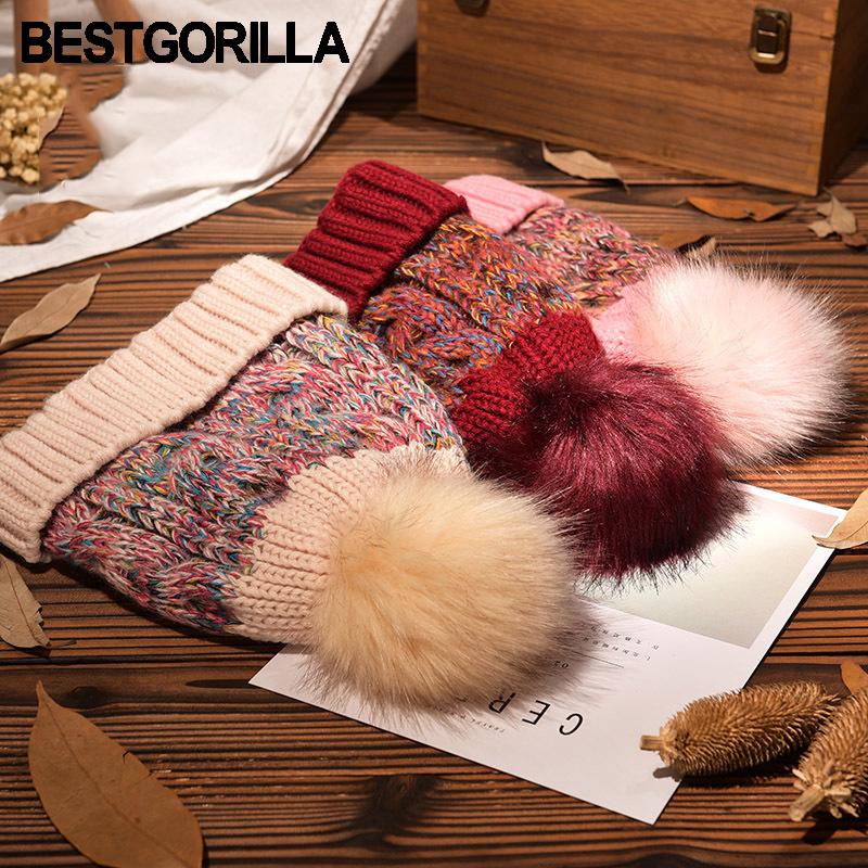 

2020 newest fashion warm winter knitted crimping hats women thick Skullies female rochet Hairball knitting hats casual beanies, Pink