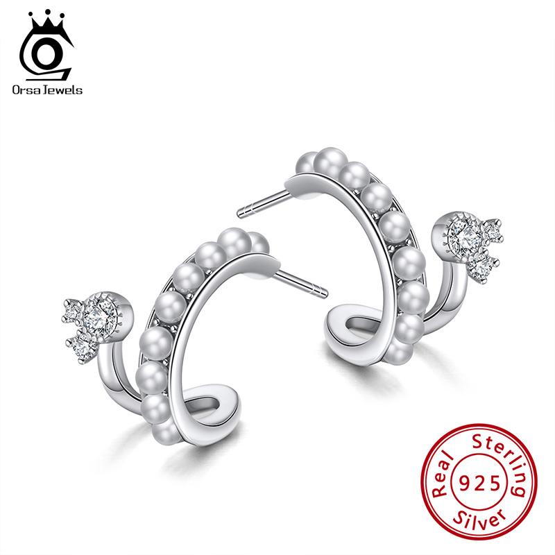 

ORSA JEWELS Rhodium Plated 925 Sterling Silver Stud Earring Round Shell Pearls Earrings for Women Wedding Jewelry OEQE32-P