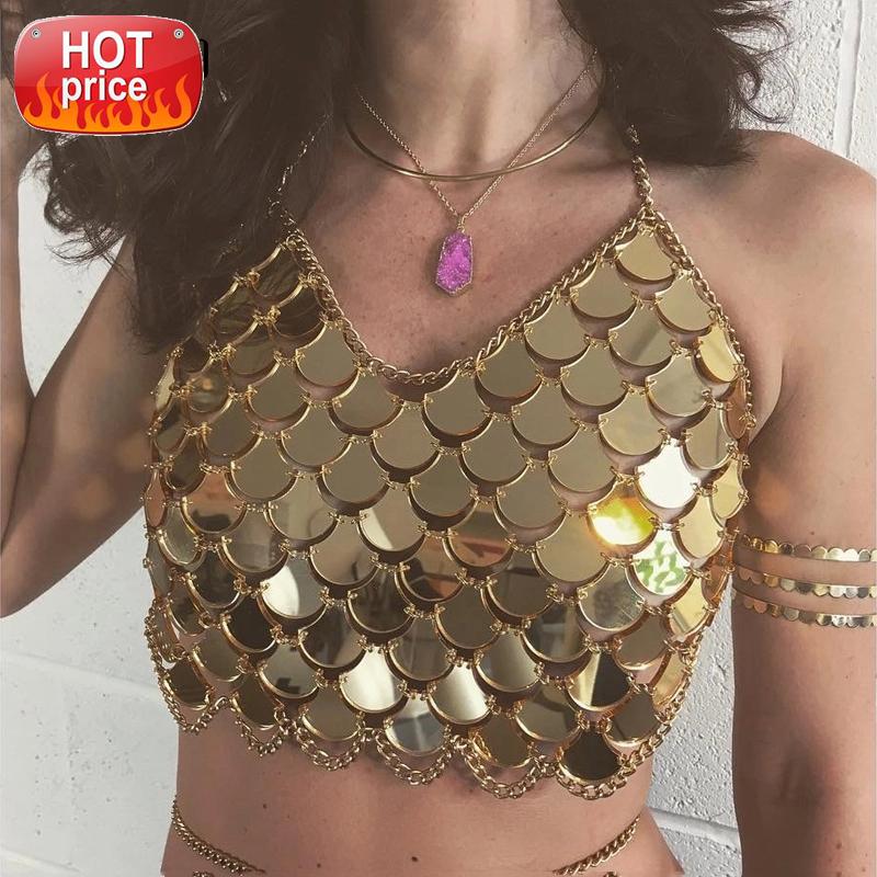 

AKYZO Women Sequin Camis Shinning Brallete Metal Chain Halter Camisole Tank Top Bustier Mermaid Crop Top Backless 2017 Summer #N70T, White
