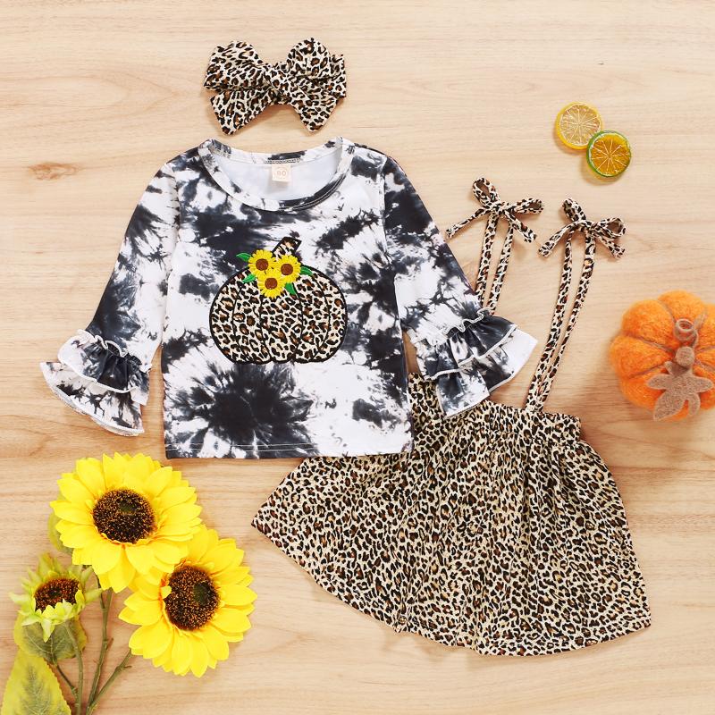 

Children Halloween Clothes Set Tie-dye Embroidery Pumpkin Tops + Leopard Print Suspender Skirt + Headband, Red
