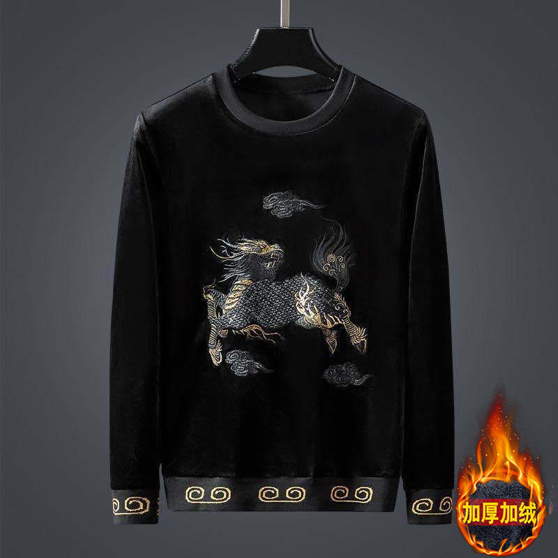 

2021 High quality Chinese Embroidered Male Nightgown Autumn Winter Trend Hoodless Velvet Around the Neck of Stuffed Pretty Jacket COVT, Black