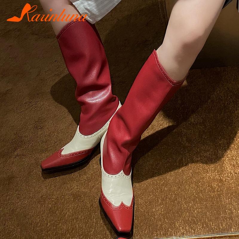 

New Arrival On Sale Big Size 40 women shoes Genuine Leather Mixed Color Western Boots Square Toe Slip-On Mid-calf Boots, Black