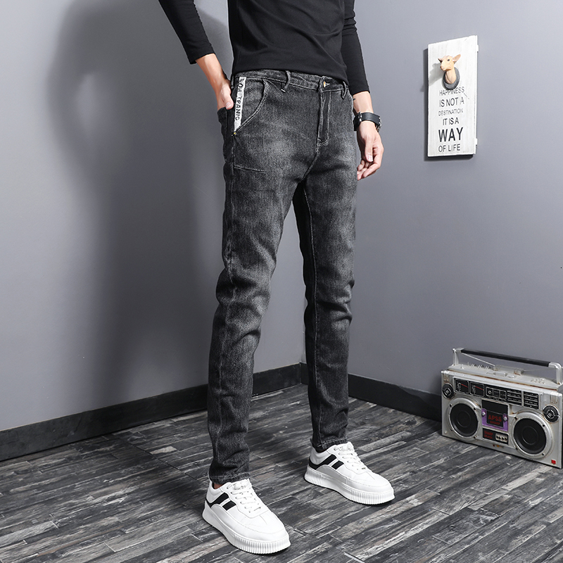 

2021 New Korean Style Fashion Men Jeans Retro Black Elastic Slim Fit Casual Denim Trousers Streetwear Simple Youth Cotton Pencil Pants F7uk