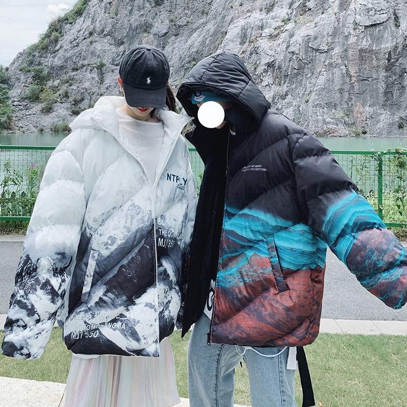 

mens 20w coats fashion mens jacket snow printing hooded zipper windbreaker casual loose men clothing 2 colors size m-3xl, Black