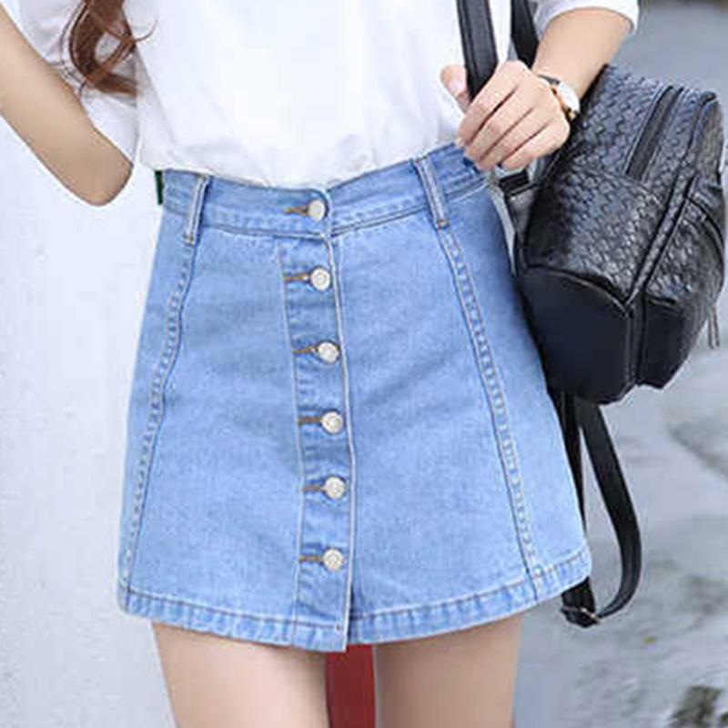 

Denim Skirt Women Summer Blue Solid Casual High Waist A Line Denim Skirts High Street Pockets Button All-matched Jeans Skirt, Dark blue