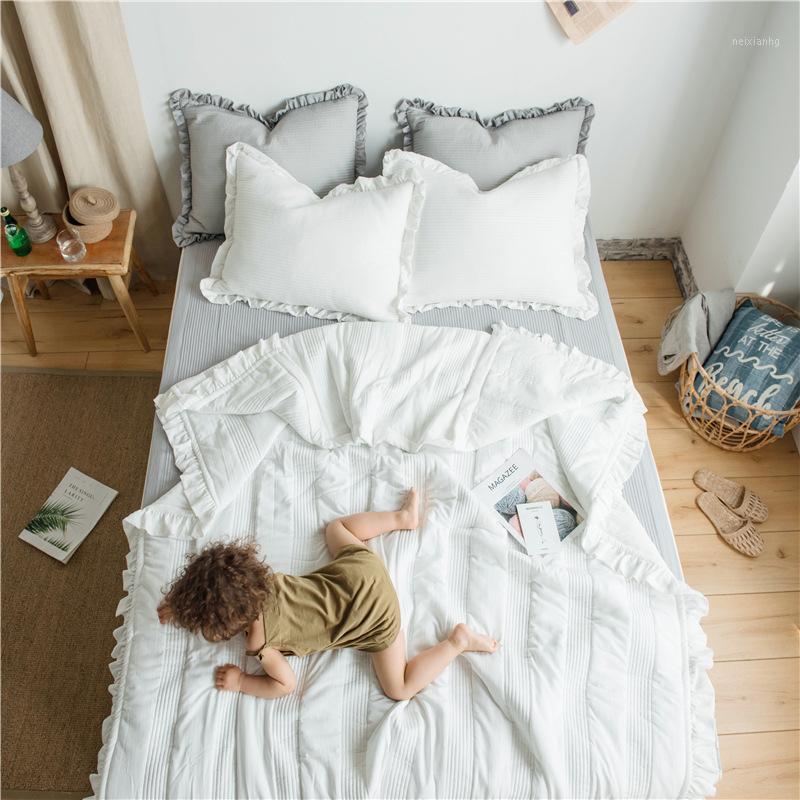 

Korean Style Summer Cool Quilt Bed Cover Dual-use Spinning Lotus Leaf Air Conditioning Quilt Three-piece Suit1, White