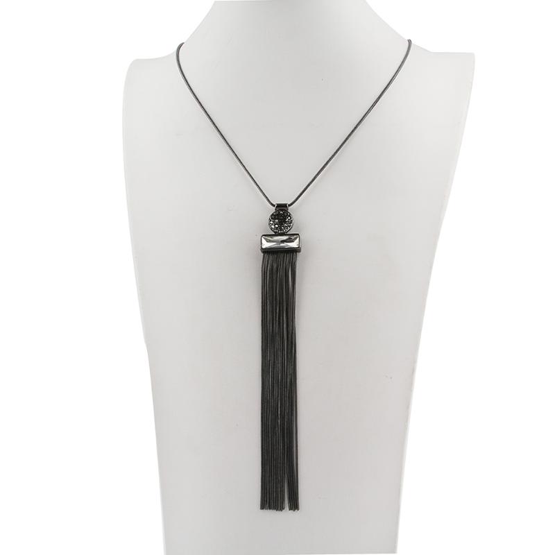 

New Style Hematite Plated Chain Tassel Pendant Paved Metallic Glass Crystal Stone Long Necklace