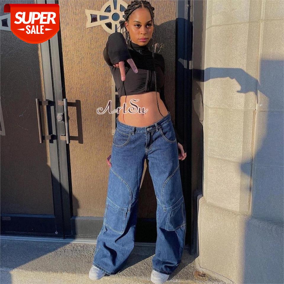 

ArtSu Streetwear Low Rise Baggy Jeans Women Loose Wide Leg Pants Y2K Dark Blue Denim Cargo Pants E Girl Trousers PA52526 #Ow65, Black;white