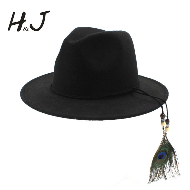 

2020 New Wool Unisex Women's Chapeu Feminino Fedora Hat For Laday Woolen Feather Headband Jazz Cap, Black