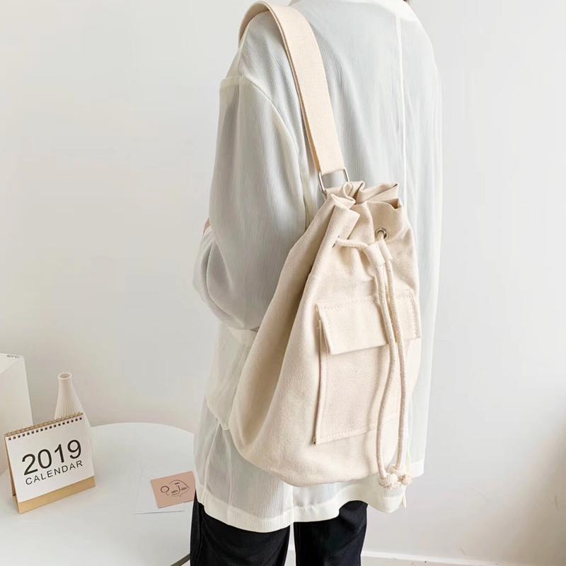 

Solid Color Casual Canvas Cotton Bag Women Bucket Bag Female Handbag Middle Drawstring Ladies Single Shoulder Whole Sale, Beige