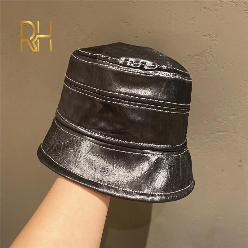 

Adult Foldable Bucket Hat Irregular Women Winter Faux Leather Solid Colored Sun Protection Bucket Hat Warm Fisherman Cap Outdoor, White