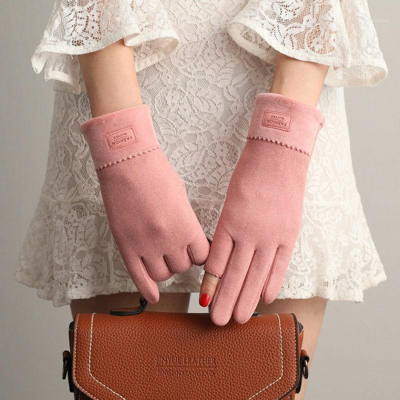 

Autumn and Winter Ladies Two-Finger Monochrome Gloves Winter Printing Warm Touch Screen Household Sports Cycling Gloves1