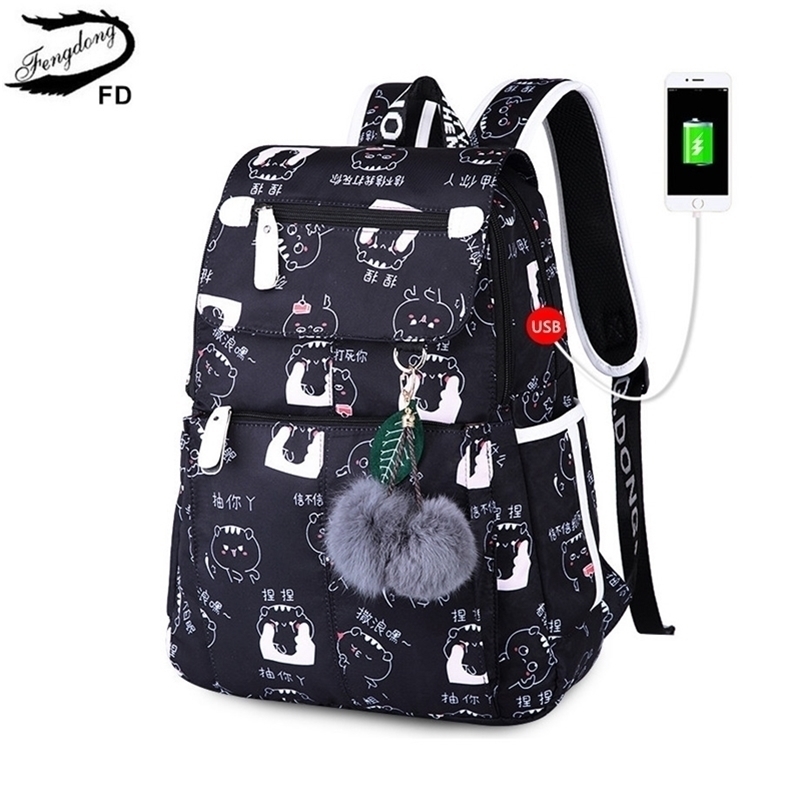

Fengdong female fashion school backpack usb school bags for girls black backpack plush ball girl schoolbag butterfly decoration LJ201029