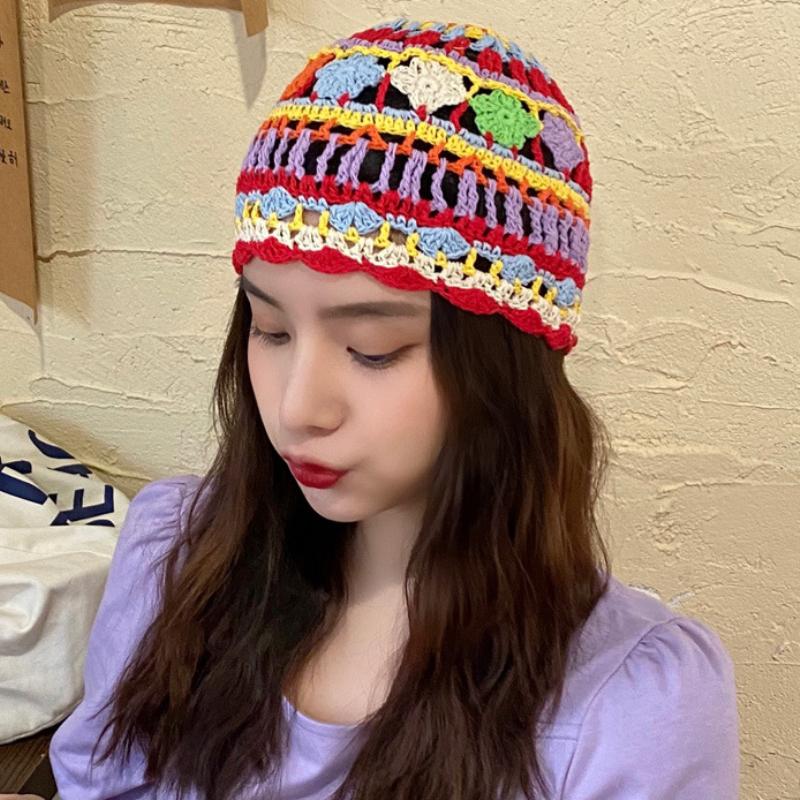 

Beanies Vintage Women Hat Handmade Rainbow Knitted Hat Crochet Skullies Female Beanie, Multi