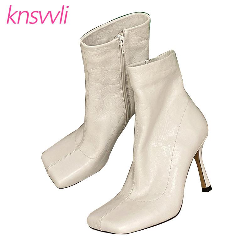 

Sexy Thin High Heels Ankle Boots For Women Pleated Leather Runway Shoes Woman Square Toe Brand Short Boots Woman Botas Mujer, Black