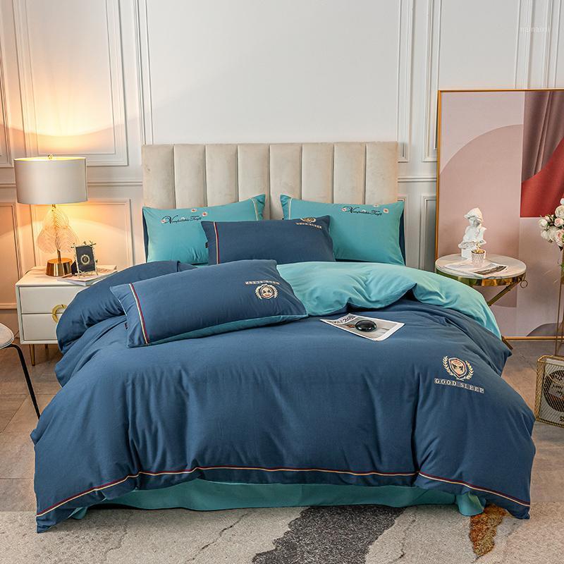 

2020 Sanding 100% Cotton Two Sided Design Bedding Set Two Styles In One Embroidery Duvet Cover Flat Sheet Pillowcases 4Pcs1, Anf5