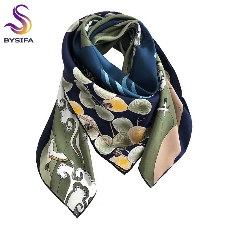 

BYSIFA] New 100% Pure Silk Square Scarf Hijab Fashion Blue Green Women Scarves Shawl Fall Winter Neck Scarf Cape